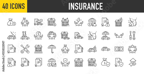 40 Insurance icons. Cash, Money Protection, Car, Home, Contract, Health Insurance, Insurance, Rent, Wildfire, Tornado, Car Crash, Private Car, Energy Saving, stroke vector on white background.	
