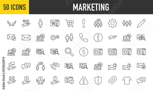 50 Marketing icons. Tshirt, Attachment, Shield, Hand, Maintenance, Human, Online Shop, Trolley, Alert, Gear , Pencil, Community, Email, People, Developer Stroke vector on white background.	