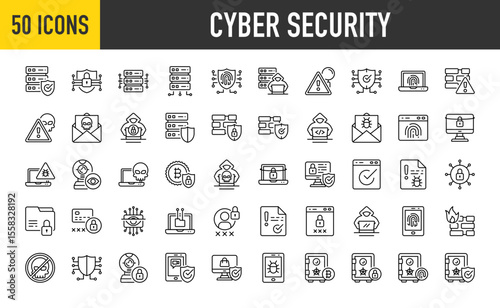 50 Cyber security icons. Locker, Bitcoin, Smartphone, Online Shop, Server, Shield, Firewall, Hacker, Laptop, Danger, Email, Firewall, Virus Troubleshooting vector on white background.	
