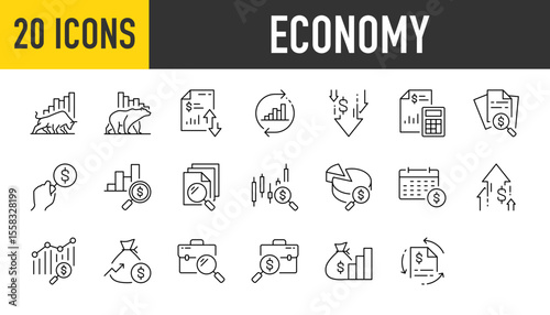 20 Economy icons. Cash Flow, Money Bag, Suitcase, Bullish, Bearish, Report, Decrease, Calculator, Search, Analytics , Currency, Pie Chart, Profit vector on white background.	
