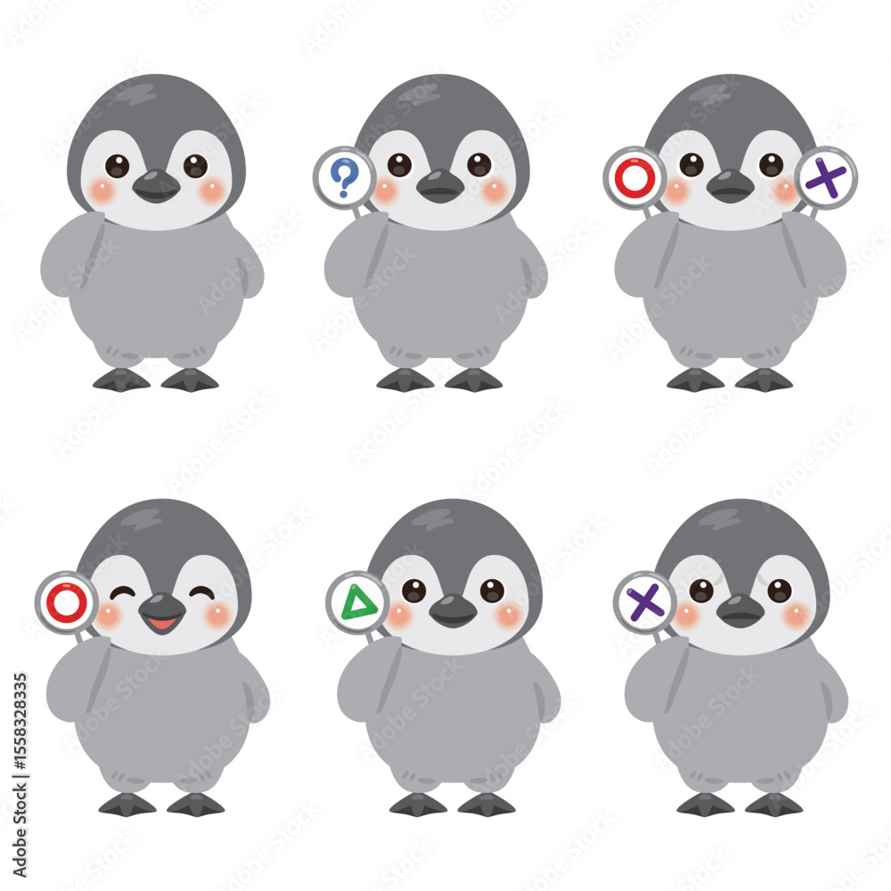 Fototapeta premium ○×△の札を持った赤ちゃんペンギンのキャラクターイラストセット