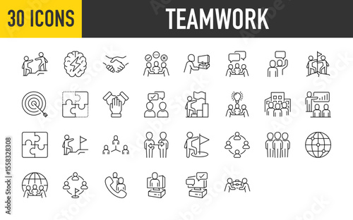 30 Teamwork icons. Forum, Conference, Phone, Target, Help, Brain, Handshake, Discussion, Working, Opinion, Puzzle, Arrow, Destination, Talking, Employee vector on white background.	
