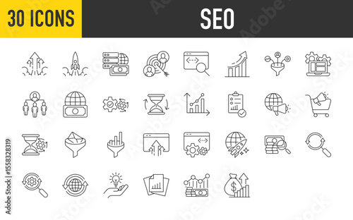 30 Seo icons. Money, Report, Idea, Arrow, Rent, Rocket, Target, Troubleshooting, Chart, Filter, Development, Money, Gear, Hourglass, Statistic, Clipboard vector on white background.	
