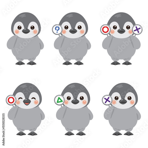 ○×△の札を持った赤ちゃんペンギンのキャラクターイラストセット