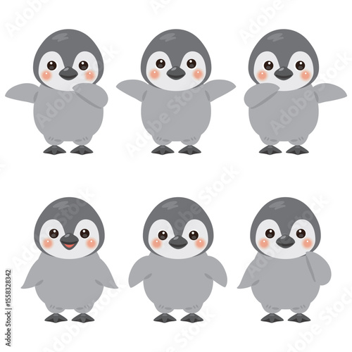 指さしをする赤ちゃんペンギンのキャラクターイラストセット