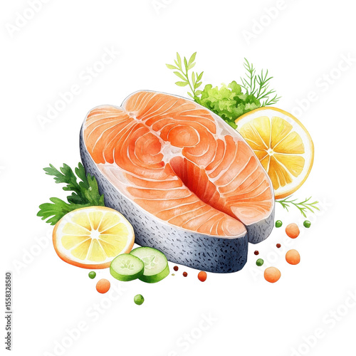 Watercolor-style salmon steak, isolated on a white background, soft and visually appealing. PNG