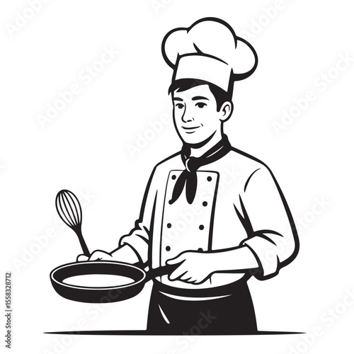 Cartoon chef in a hat holding a spoon and pan, ready to cook a gourmet meal in the kitchen