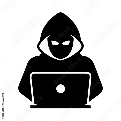 Hacker Silhouette Icon – Hooded Laptop User Symbol for Cybersecurity Designs