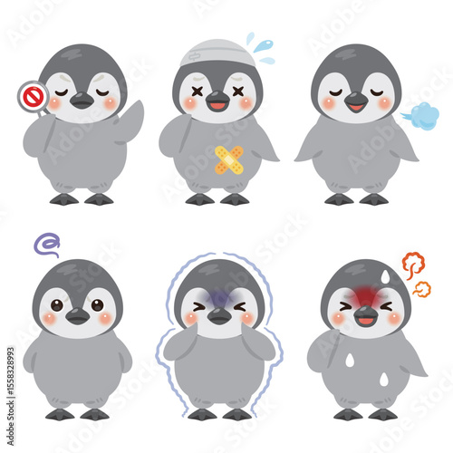 様々な状態の赤ちゃんペンギンのキャラクターイラストセット