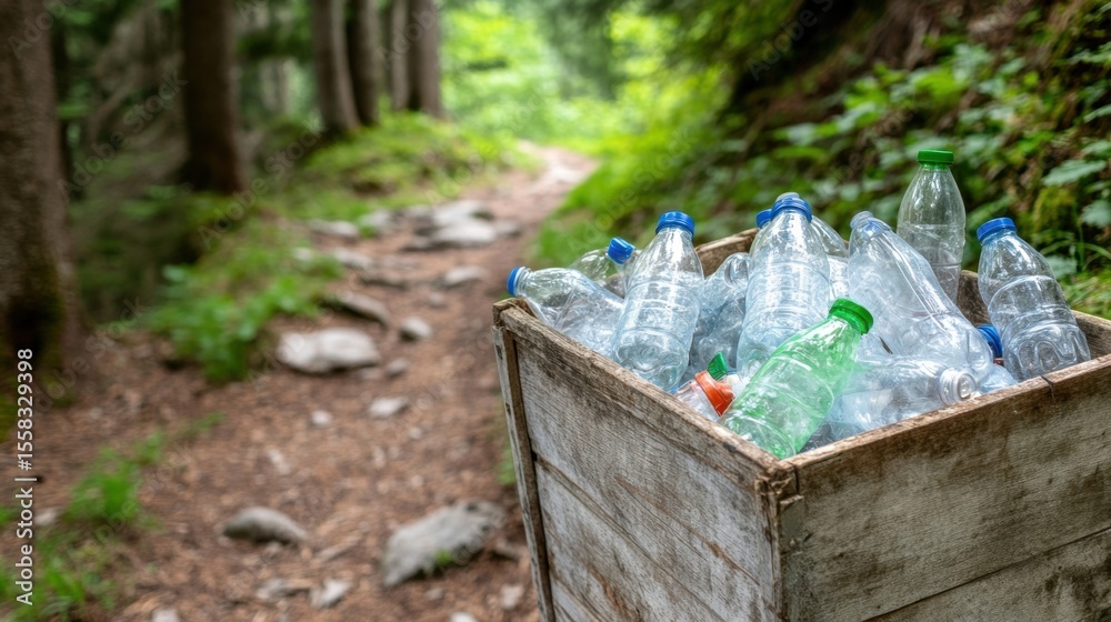 Obraz premium A wooden recycling bin full of transparent bottles near a hiking trail in the forest