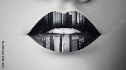 Abstract lips with skyscrapers forming the curve, bold contrast in black and white