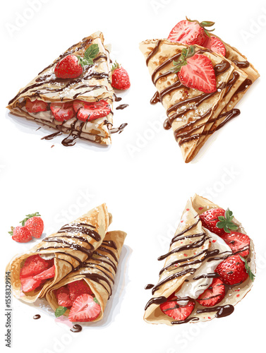 Realistic illustration of strawberry chocolate crepes with whipped cream. Perfect for dessert menus, bakery ads, and sweet food content.

