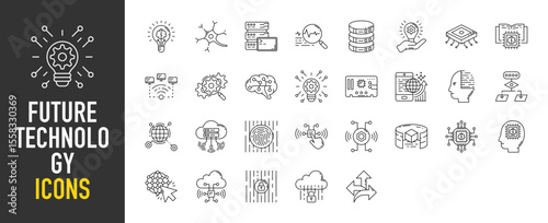 Future Technology icons. Prosthesis, Wired Gloves, Spaceship, Solar Cell, Finger, Space Ship, Eye, Robot Arm, Virtual Reality, Drone, Smart Car, Ar Glasses, Process vector on white background.	