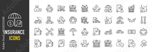Insurance icons. Cash, Money Protection, Car, Home, Contract, Health Insurance, Insurance, Rent, Wildfire, Tornado, Car Crash, Private Car, Energy Saving vector on white background.	
