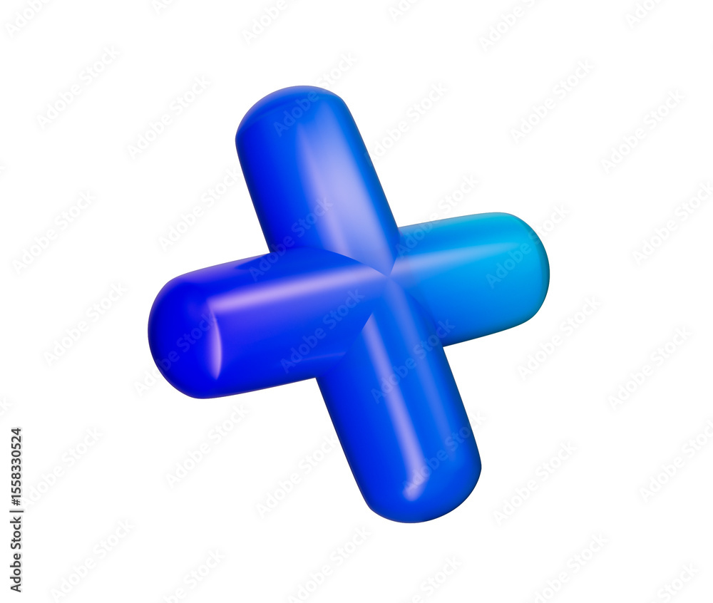 Obraz premium 3D Blue plus sign with a glossy, gradient finish, featuring smooth, rounded edges. 3D Illustration