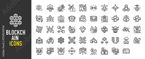 Blockchain icons. Book, Bitcoin, Statistic, Certificate, Network, Shield, Screwdriver, Monitor, Power, Chain, Account, Padlock, Mining, Certificate, Screen, Alert vector on white background.	
