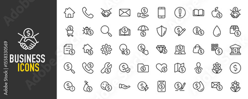Business icons. Home, Flower, Envelope, Plan, Home, Water Bill, Handshake, Phone, Email, Money, Notification, Book, Apple, Shopping, Treasury, Bug Report, Protection vector on white background.	
