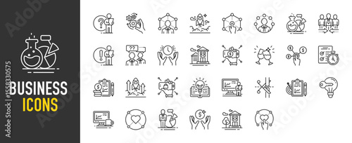 Business icons. Forum, Comment, Like, Office, Manager, Love, Plan, Question, Solution, Businessman, Reading, Rocket, Click, Experiment, Time, Office, Meeting, Payment vector on white background.	
