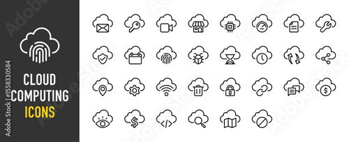 Cloud Computing icons. Wifi, Gear, Gps, Block, Maps, Search, Code, Money, Eye, Email, Key, Recording, Shop, Cpu, Dashboard, Wrench, Report, Calendar, Fingerprint, Virus vector on white background.	
