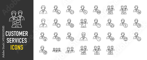 Customer Services icons. Report, Hire, Analytic, Friend, Community, Phone, Chat, Search, Email, Work, Dislike, Location, Wrench, Trolley, Shield, Gear, Question, Like vector on white background.	
