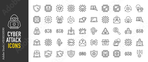 Cyber attack icons. Skull, Key, Antivirus, Fingerprint, Antivirus, Laptop, Machine Learning, Shield, Warning, Ai, Innovation, Gear, Virus, Key vector on white background.	
