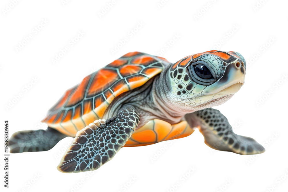 Fototapeta premium A baby turtle, isolate on white background, radiating cuteness with its tiny size and big eyes. PNG