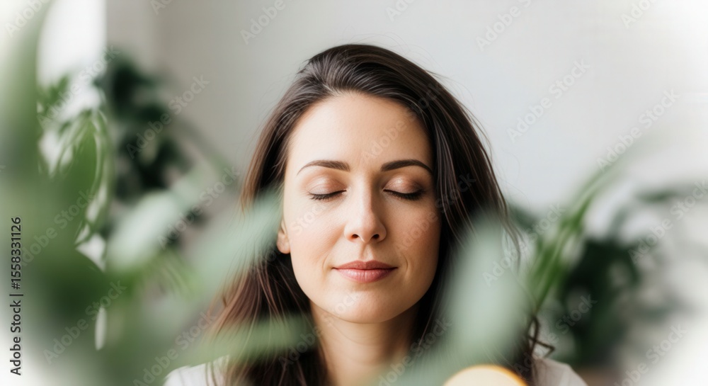Peaceful Woman Meditating Amidst Lush Greenery Peaceful Woman Meditating Amidst Lush Greenery