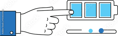 "Charging ahead: Hand adjusting battery level, optimizing power consumption for digital devices and future technology, efficient energy management, sustainable solutions"
