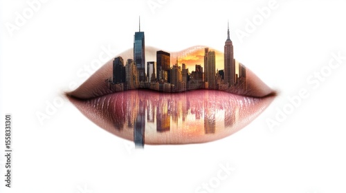 Artistic contrast: lips outlined with a detailed silhouette of urban buildings