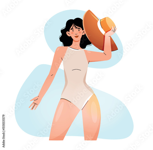 Stylish woman in a swimsuit holding a wide-brimmed hat, enjoying a sunny day. Isolated image on white background.