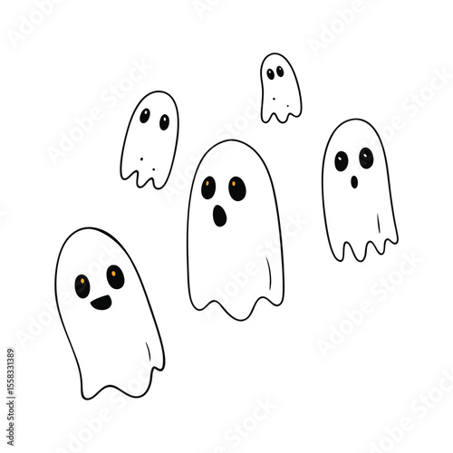 Charming group of playful tiny cartoon ghosts happily floating together on a clean bright white background
