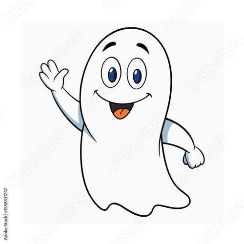 Cheerful cartoon ghost character waving hello with a friendly expression on a clean white background