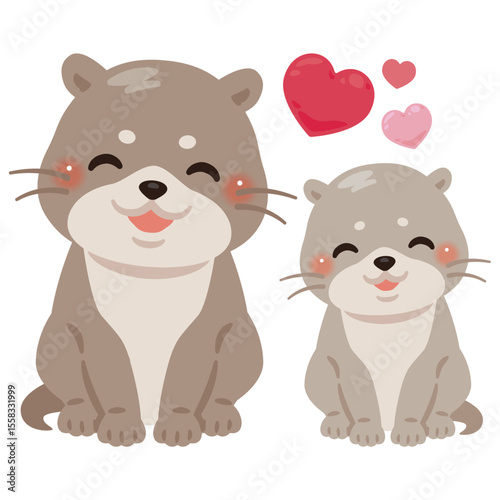 お座りした笑顔のカワウソの親子イラスト