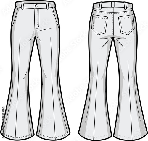 Flared Pants Fashion CAD Vector — Top View Technical Flat Sketch for Designers