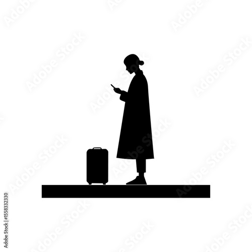 Silhouette of a woman commuter standing with luggage and checking her phone.

