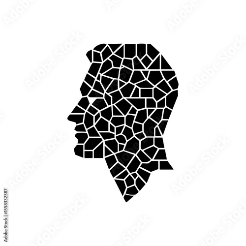 Black silhouette of a man’s face composed of mosaic fragments, symbolizing mental complexity.

