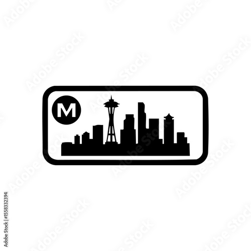 Minimalist metro pass icon with an urban skyline silhouette and bold “M” letter.

