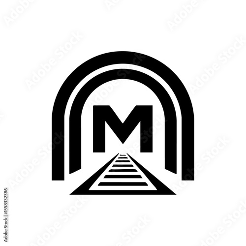 Subway tunnel entrance icon with bold M and receding train tracks.


