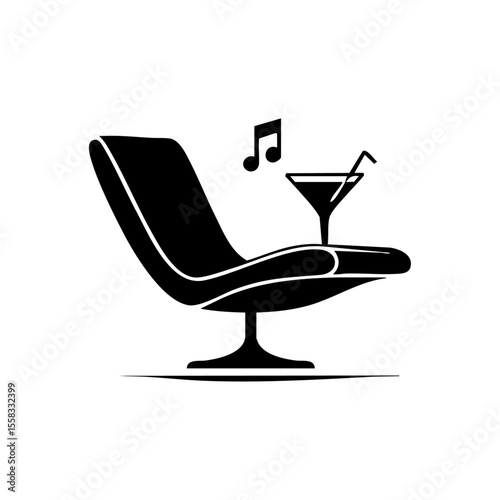 Vector logo of a lounge chair with a drink and music note for relaxation themes.


