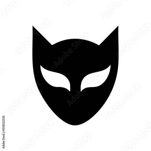 Black vector logo of a sleek cat face mask with stylized glowing eyes.


