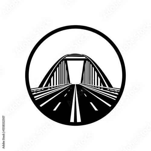 Circular vector logo of a highway bridge with an arched design and road markings.

