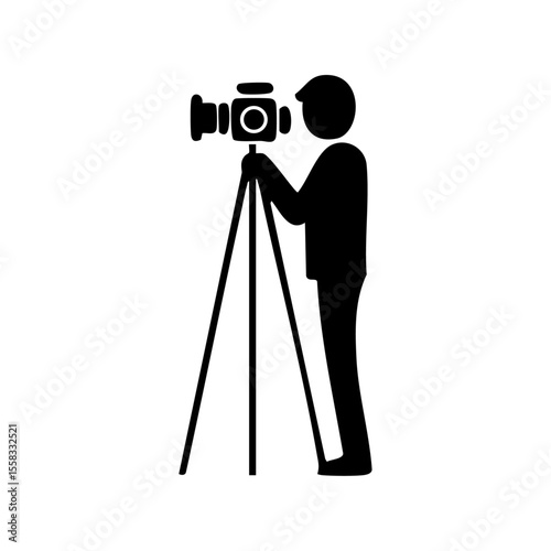 Vector icon of a person operating a camera on a tripod.

