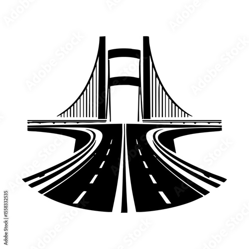 Vector logo of a suspension bridge over a highway with a bold curved design.

