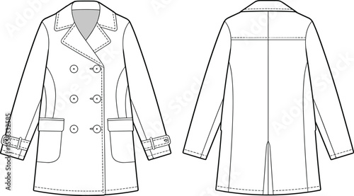 CAD drawing flat vector illustration of double-breasted coat, front and back views, fashion outerwear sketch, technical garment layout, structured coat design, winter apparel