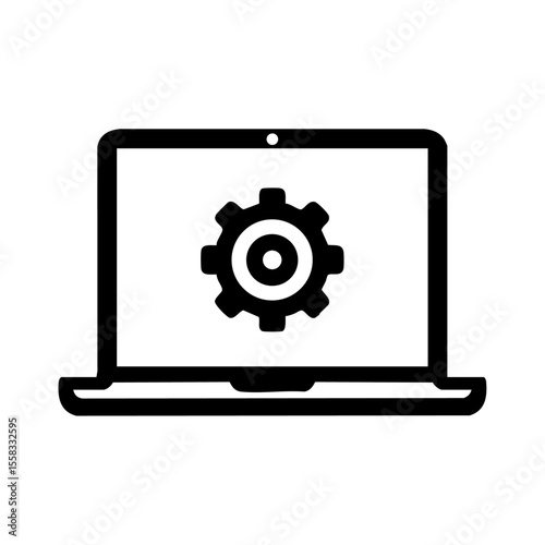 Vector icon of a laptop displaying a gear, symbolizing programming or system setup.

