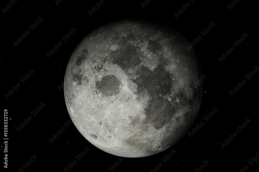 Fototapeta premium Realistic 3D rendering of the Moon with visible craters and surface texture, floating in outer space with a dark starry background