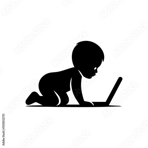 Modern symbol of early tech exposure featuring a crawling toddler and a computer.


