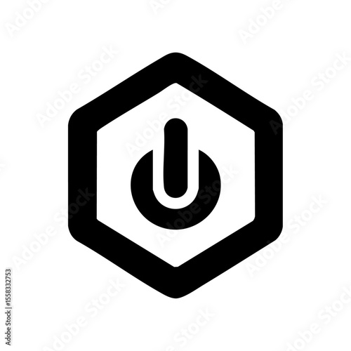 Black vector logo of a power switch inside a clean hexagonal frame.

