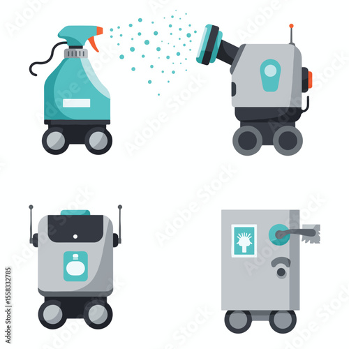 set minimalist geometric flat vector design of mini sanitation robots