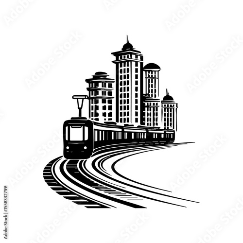 Vector illustration of a modern tram moving through curved tracks surrounded ...